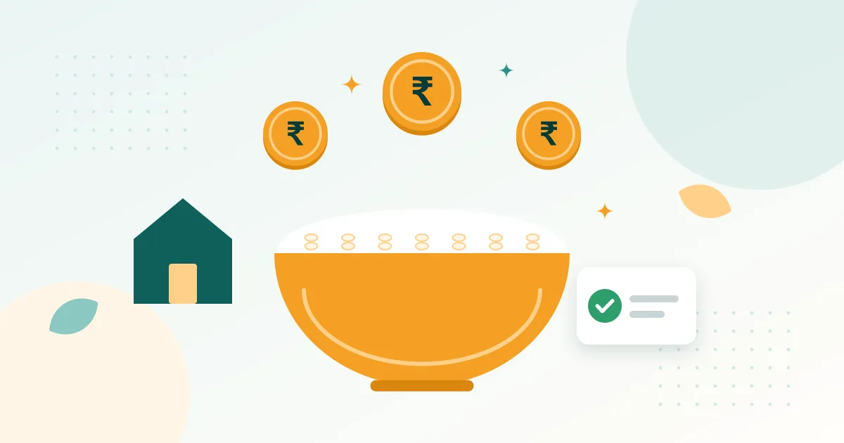 Illustration of a bowl of rice with rupee coins, representing monthly support under Annapurna Bhandar